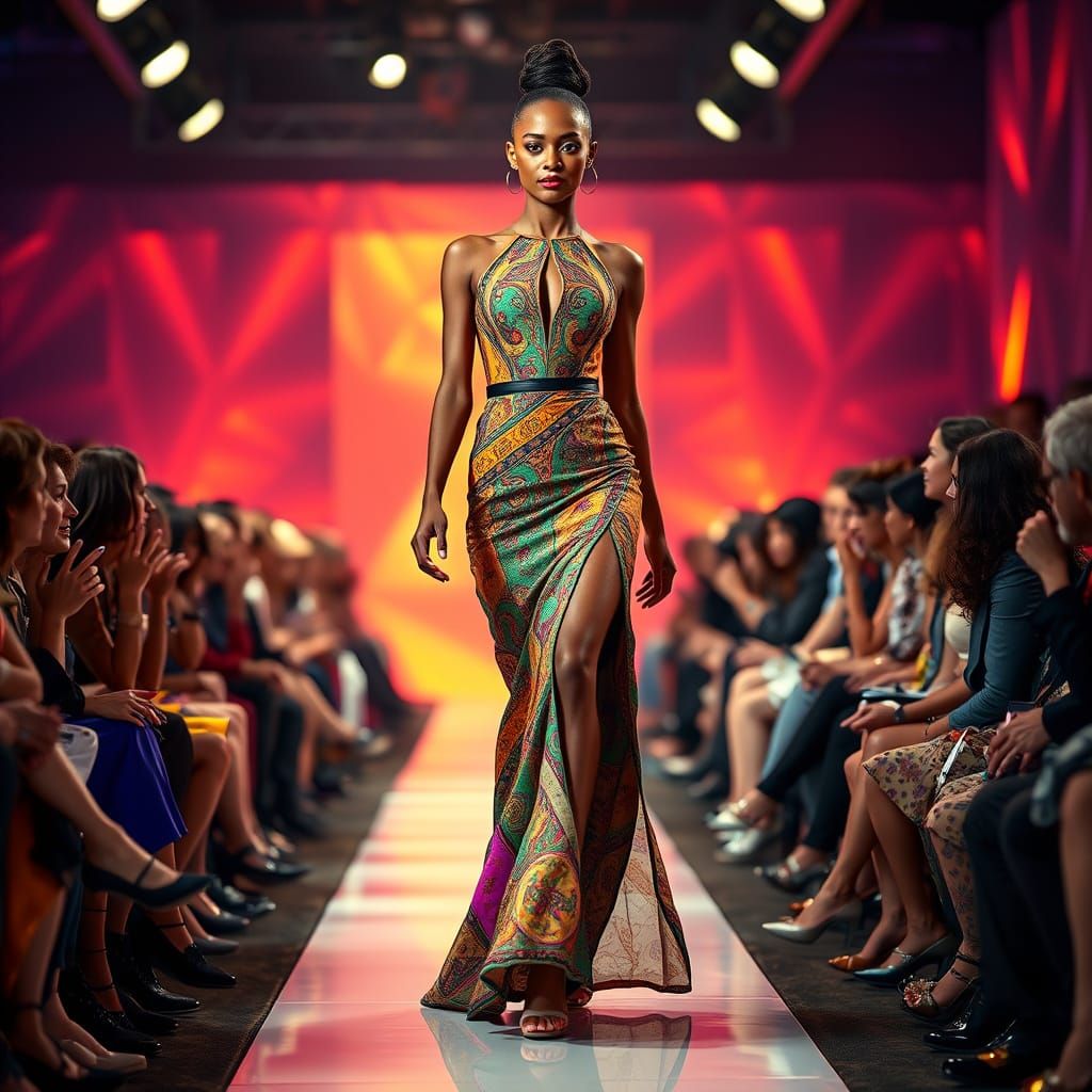 Elegant Model Struts Down Runway in Vibrant, Avant-Garde Gow...
