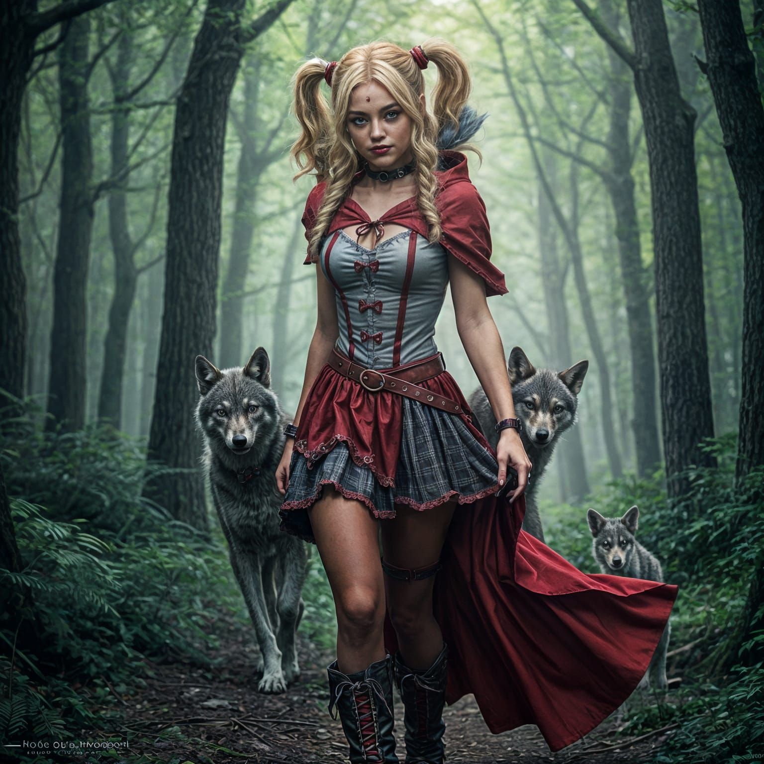Harley Quinn as Little Red Riding Hood with Wolf Cubs