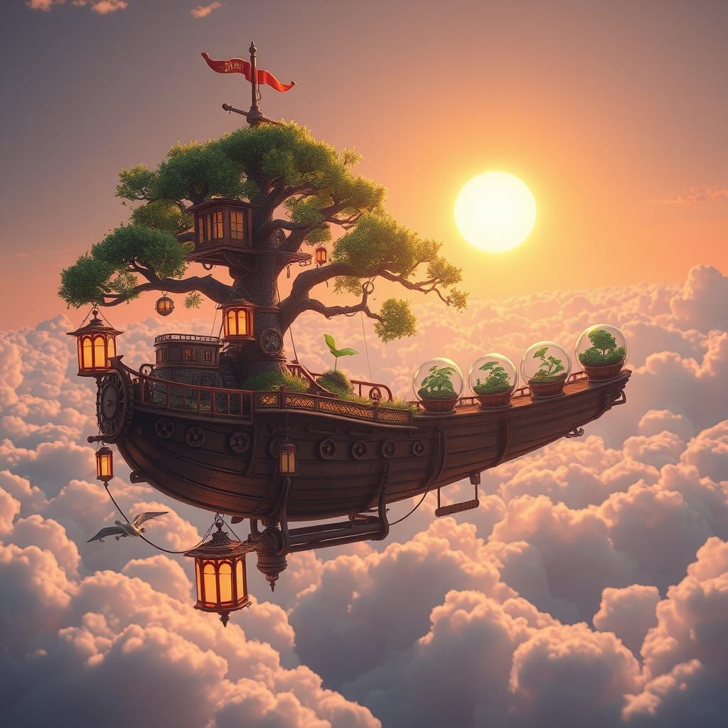 🌳⚙️ Steampunk Bonsai Airship in the Sky