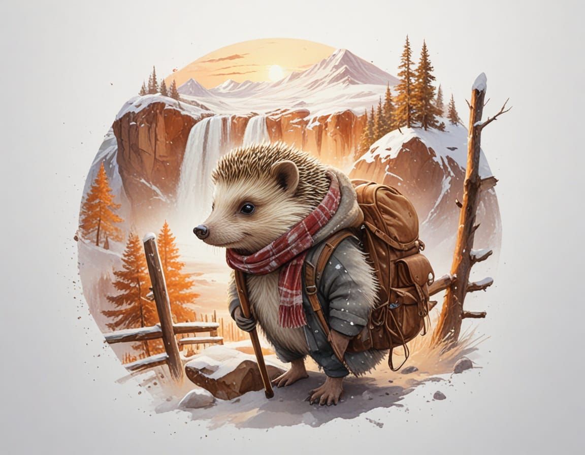 Hedgehog Explorer in Snowy Mountains at Sunset
