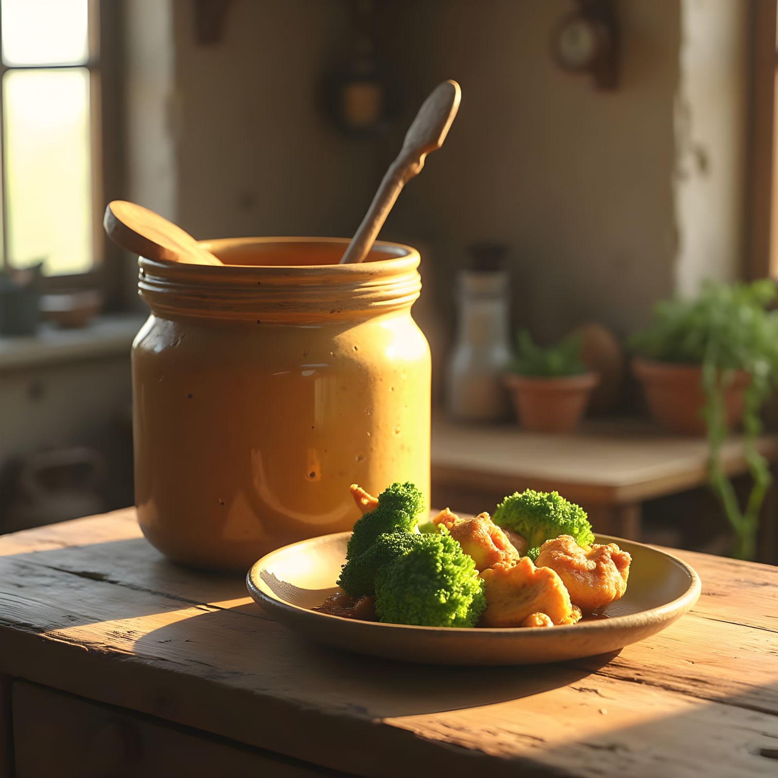 A jar of fermented bread sauce to top a dish of broccoli and mushroom nuggets