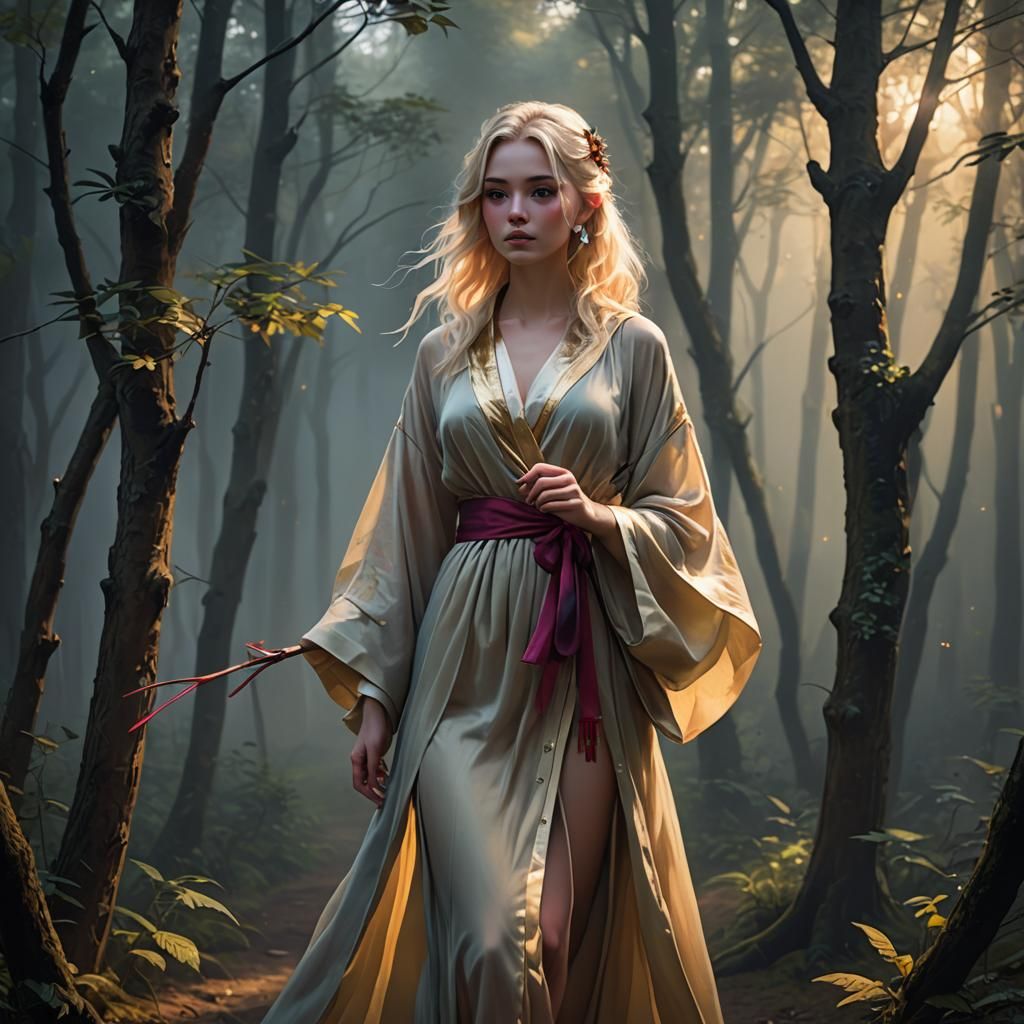 Blonde Puppet Portrait in Misty Forest, as Oil Painting