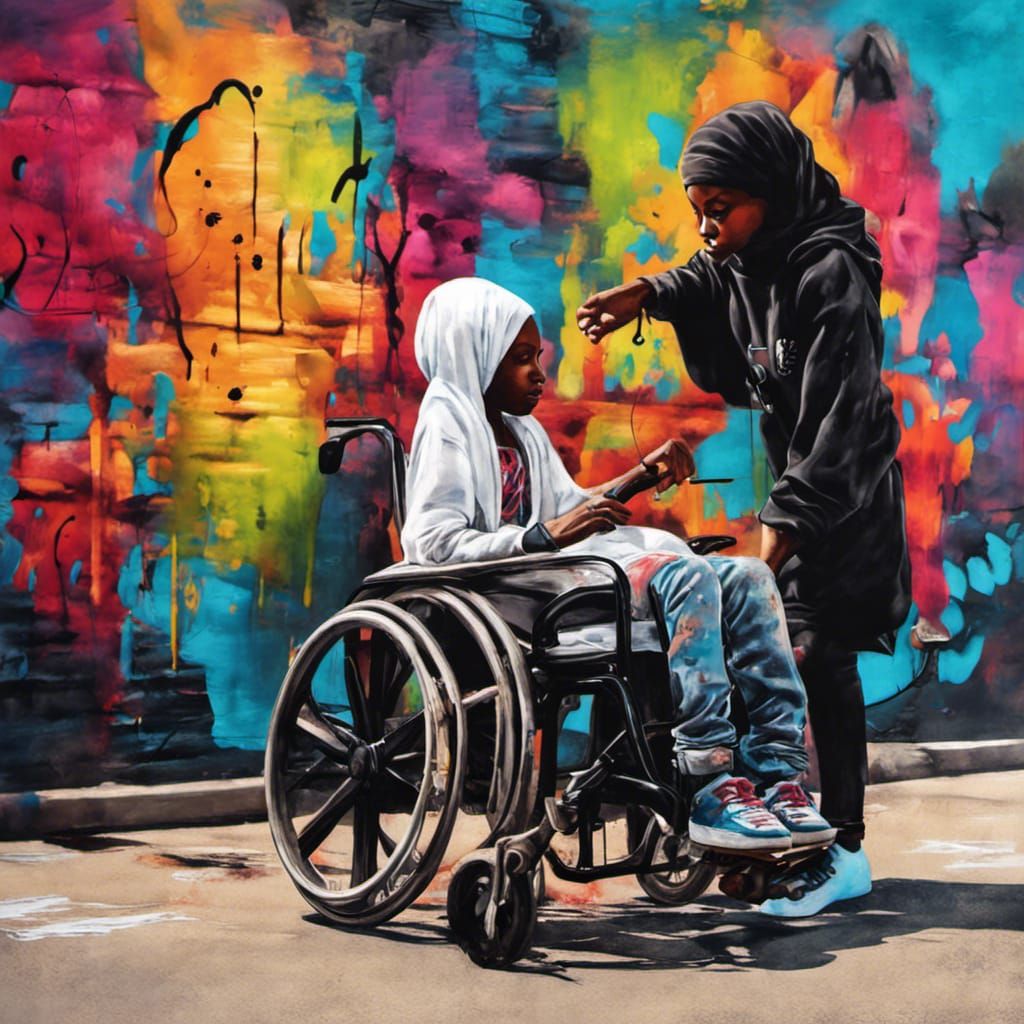 Two Young Girls Hugging in Colorful Graffiti Art