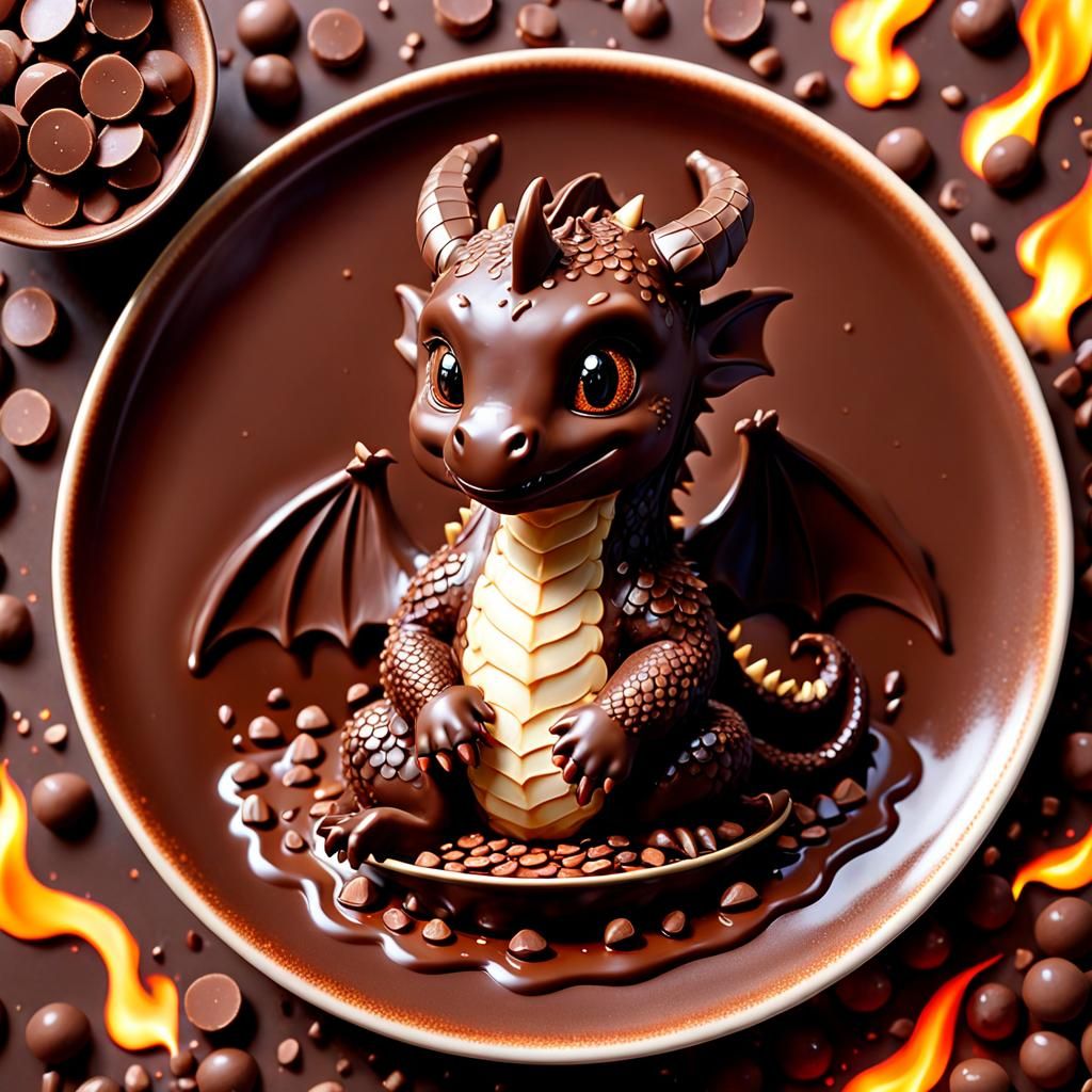 Melting Chocolate Dragon Cub on Fire Background