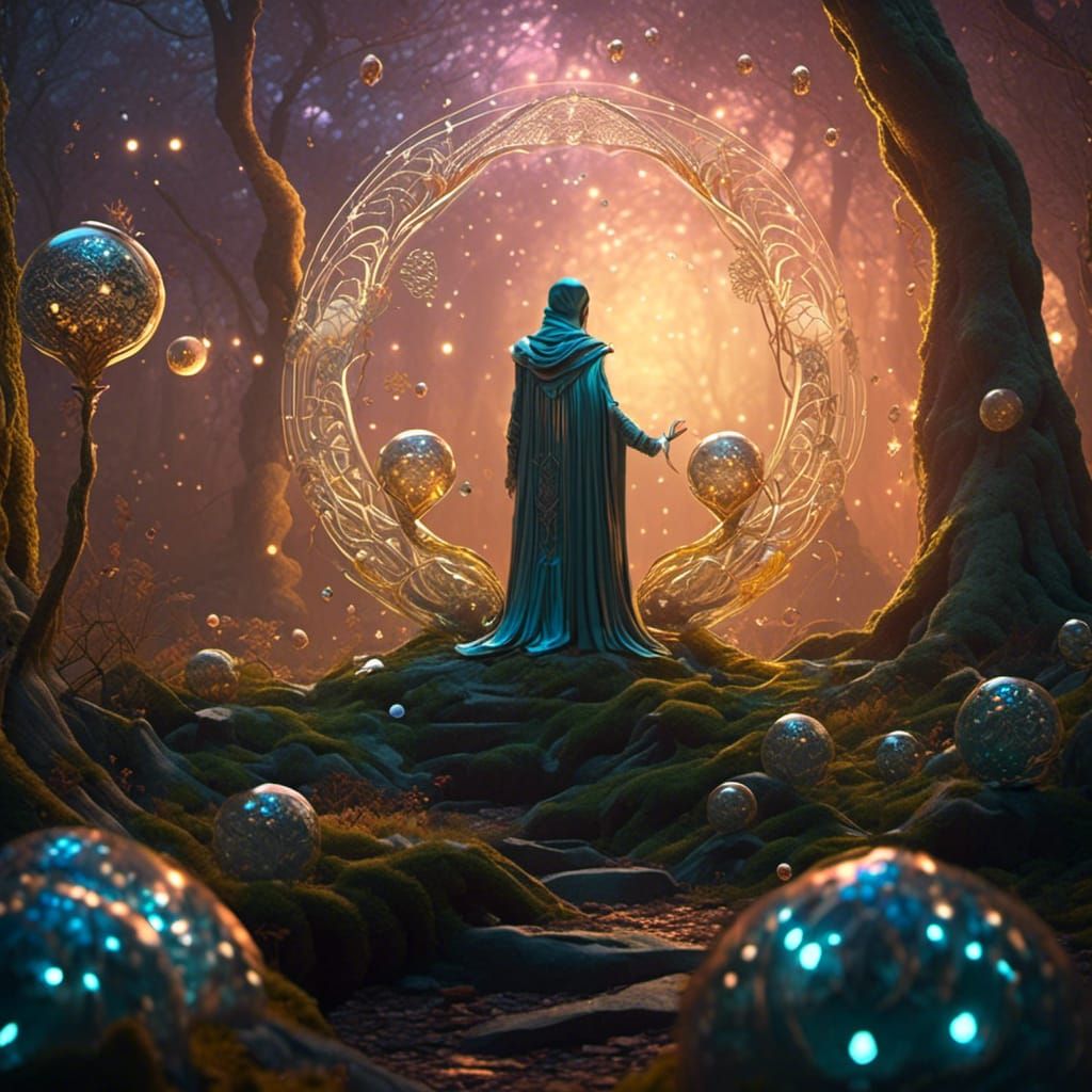 Mystical Wizard Casting Spell in Ancient Forest