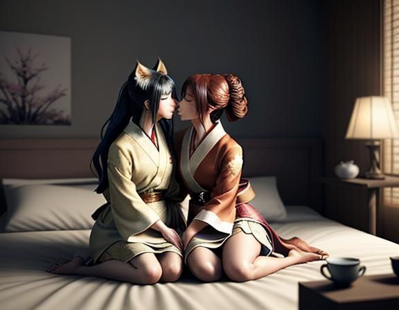 Two Kitsune Embrace: Manga-Inspired 3D Illustration