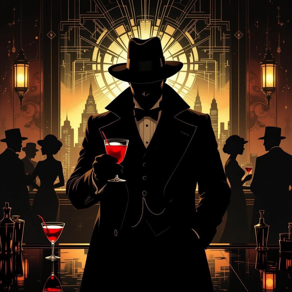 Surreal Art Deco Speakeasy with Noir Mood