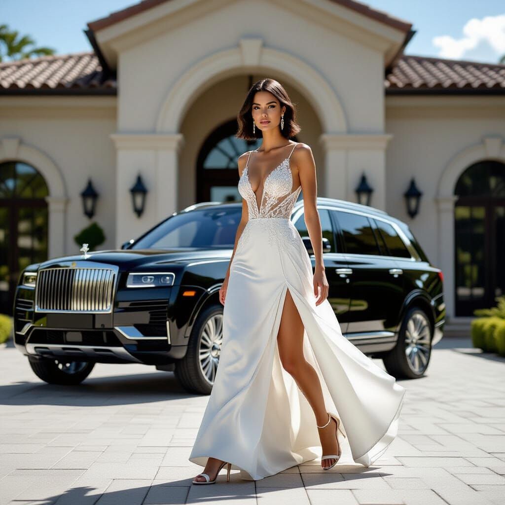 Elegant Woman in White Lace Dress Arrives at Stone Mansion