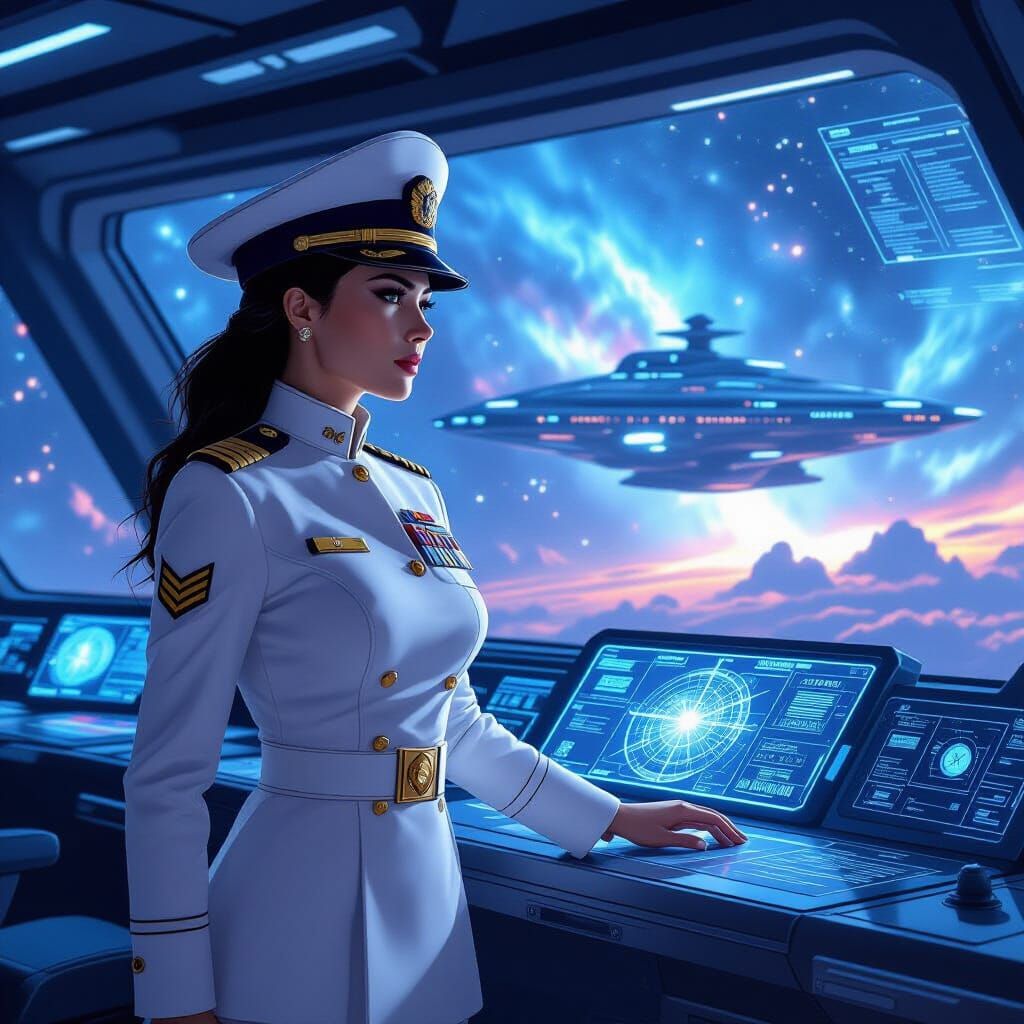 Female Admiral on Starship Bridge Overlooking Nebula