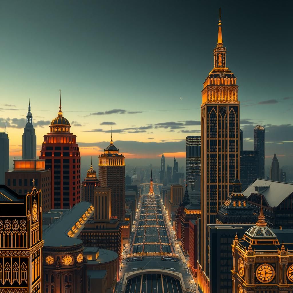 Art Deco Cityscape at Dusk in Gold and Black