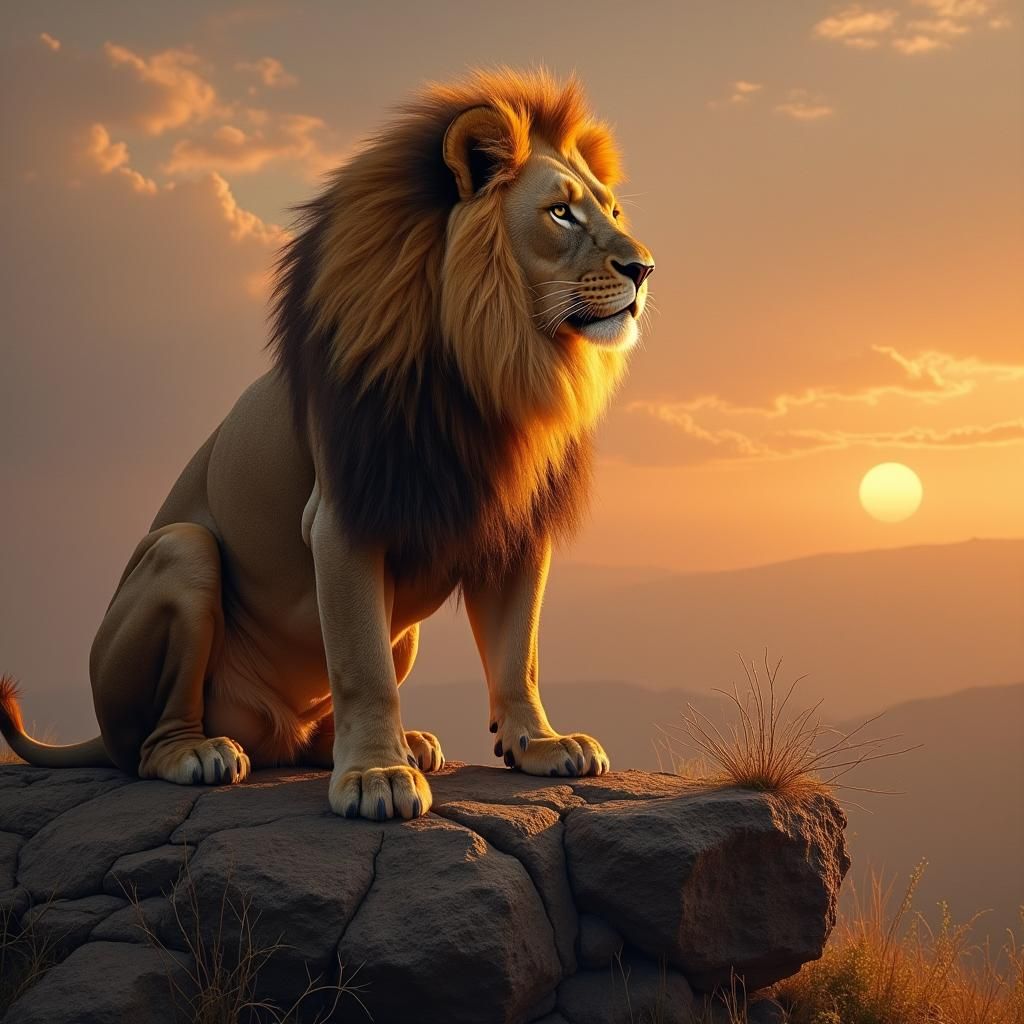 Majestic Lion on Hilltop at Dusk, Photorealistic