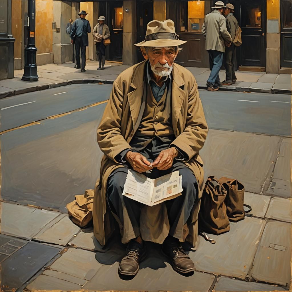 Impressionist Beggar in Urban Setting as Oil Painting