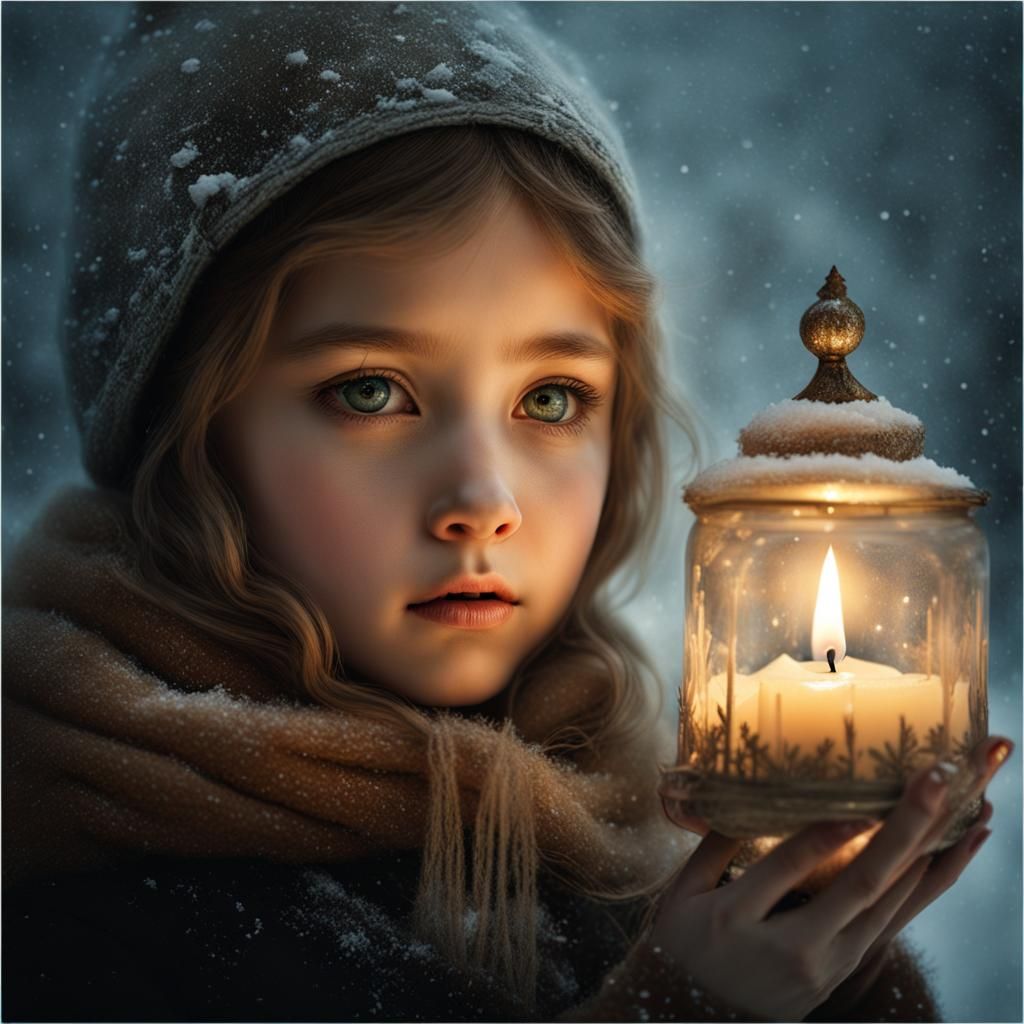 Girl with Candle in Snow, Fantasy Art Portrait