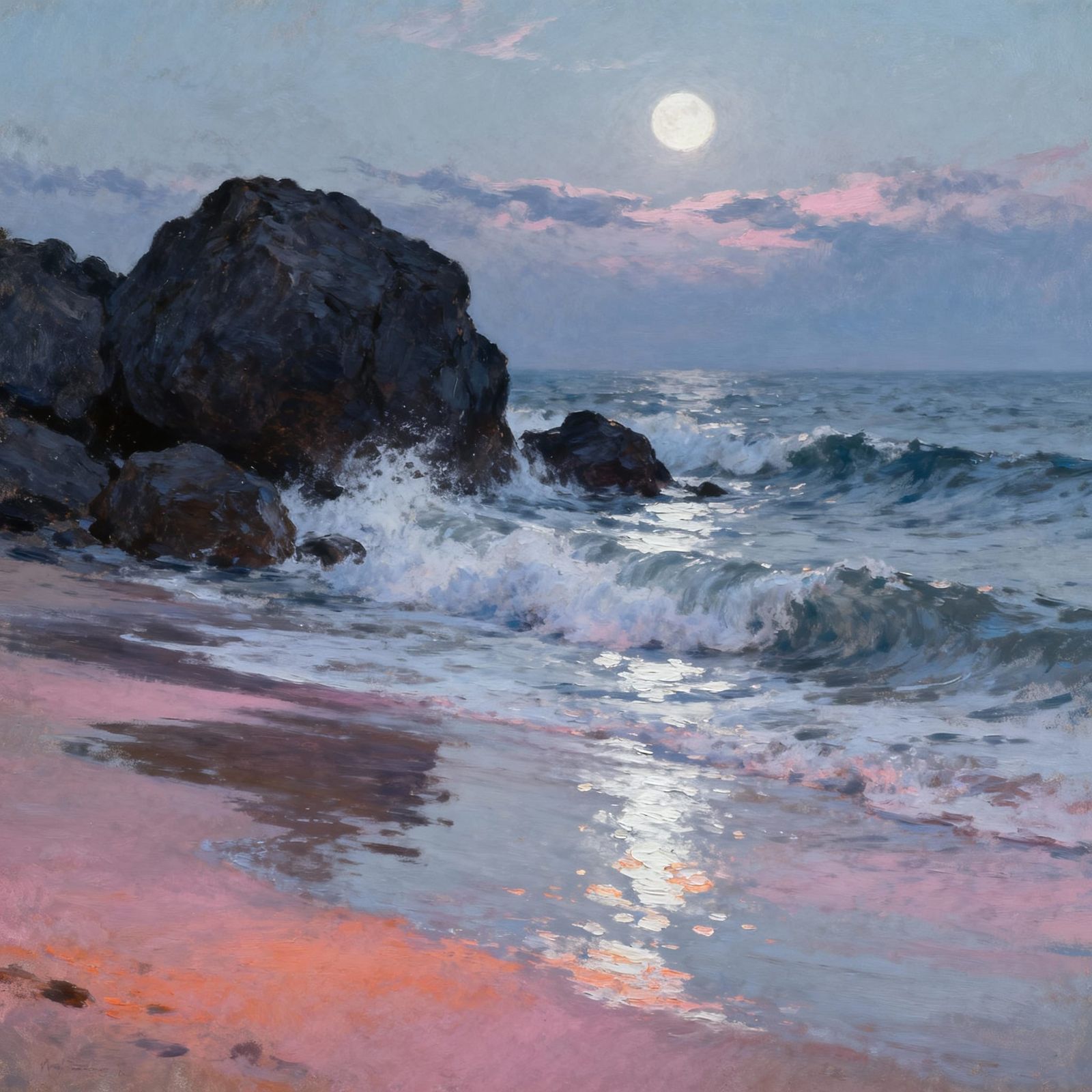 Moonlit Seascape at Dusk with Rugged Rocks