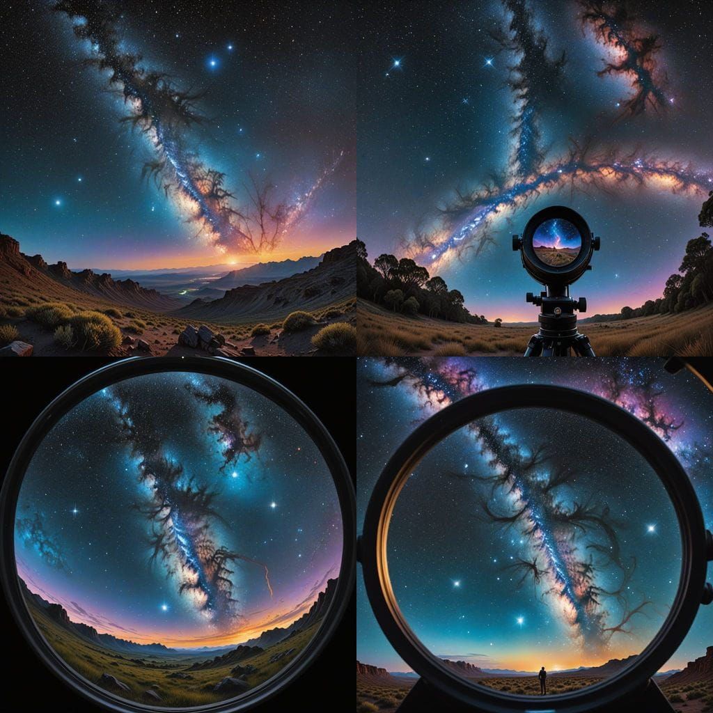 First-person perspective looking through a telescope lens, w...