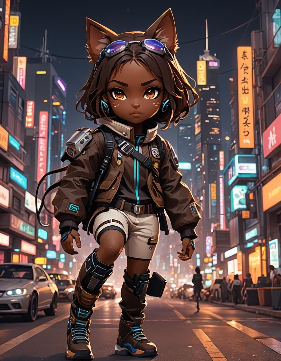 Anime Cyber Ninja Cat Girl in Cyberpunk City