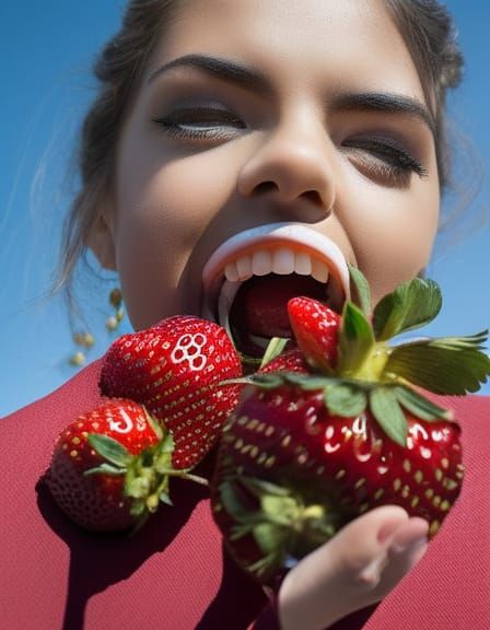 Realistic Close-Up of Mouth Biting Strawberry