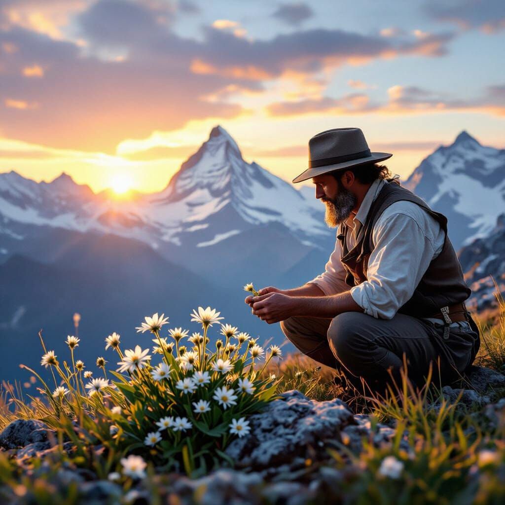 Alpine Farmer Discovers Edelweiss in Dramatic Sunset Light