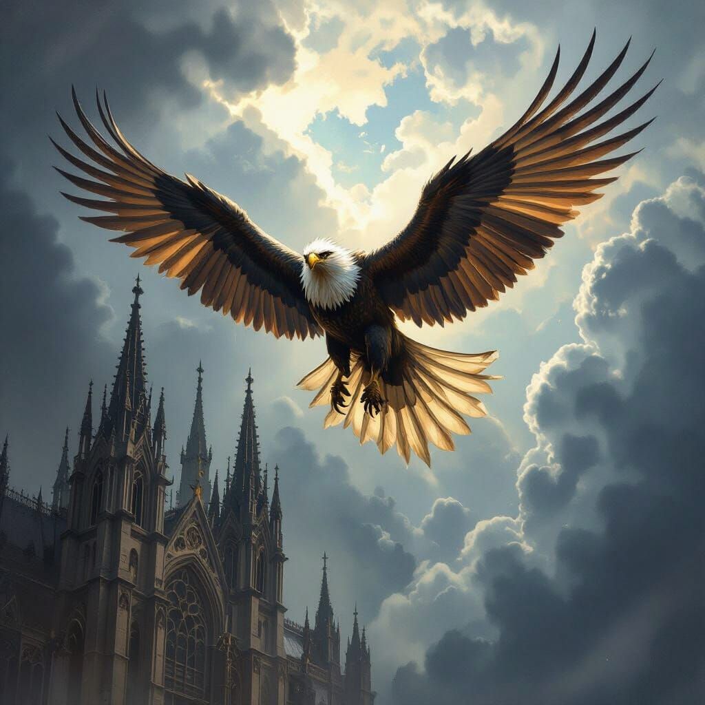 Griffin Soaring Over Gothic Cathedral in Baroque Style