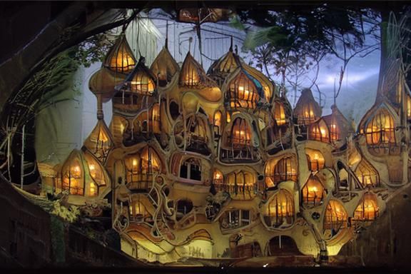 Glowy Gothic Treehouse Village in Dark Fantasy Style