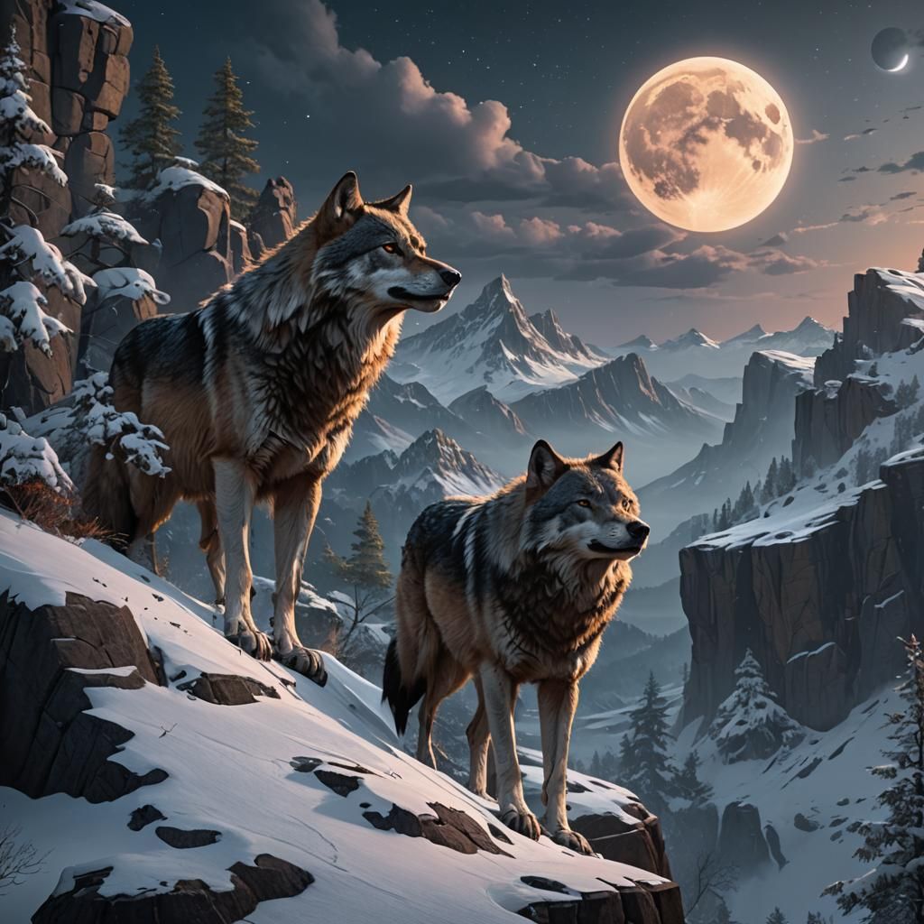 Majestic Wolf Howling at Moon on Snowy Cliff