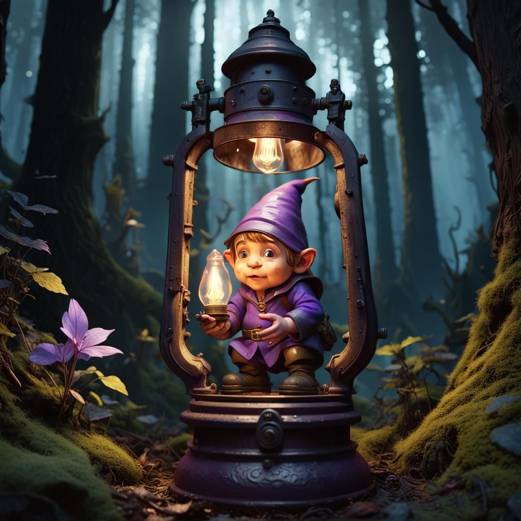 Gnome Trapped in Oil Lamp: Dark Fantasy Art