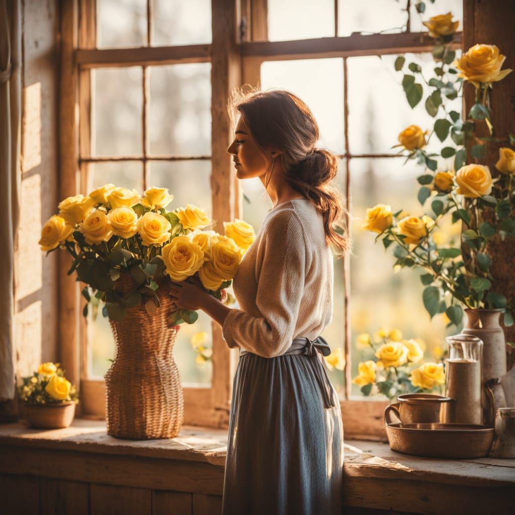 Rustic Farmhouse View of Yellow Roses