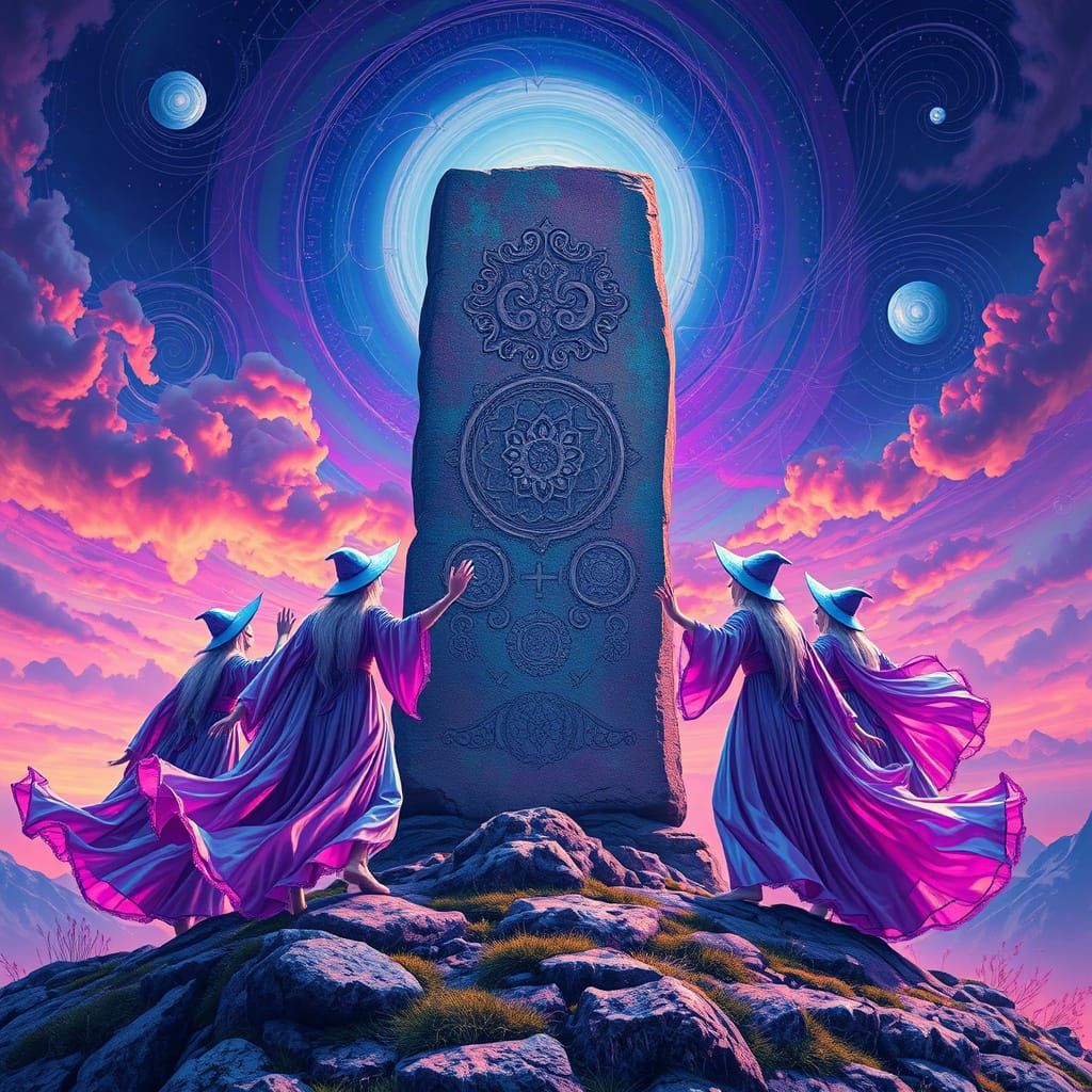 Iridescent Witches Dance Under Psychedelic Sky