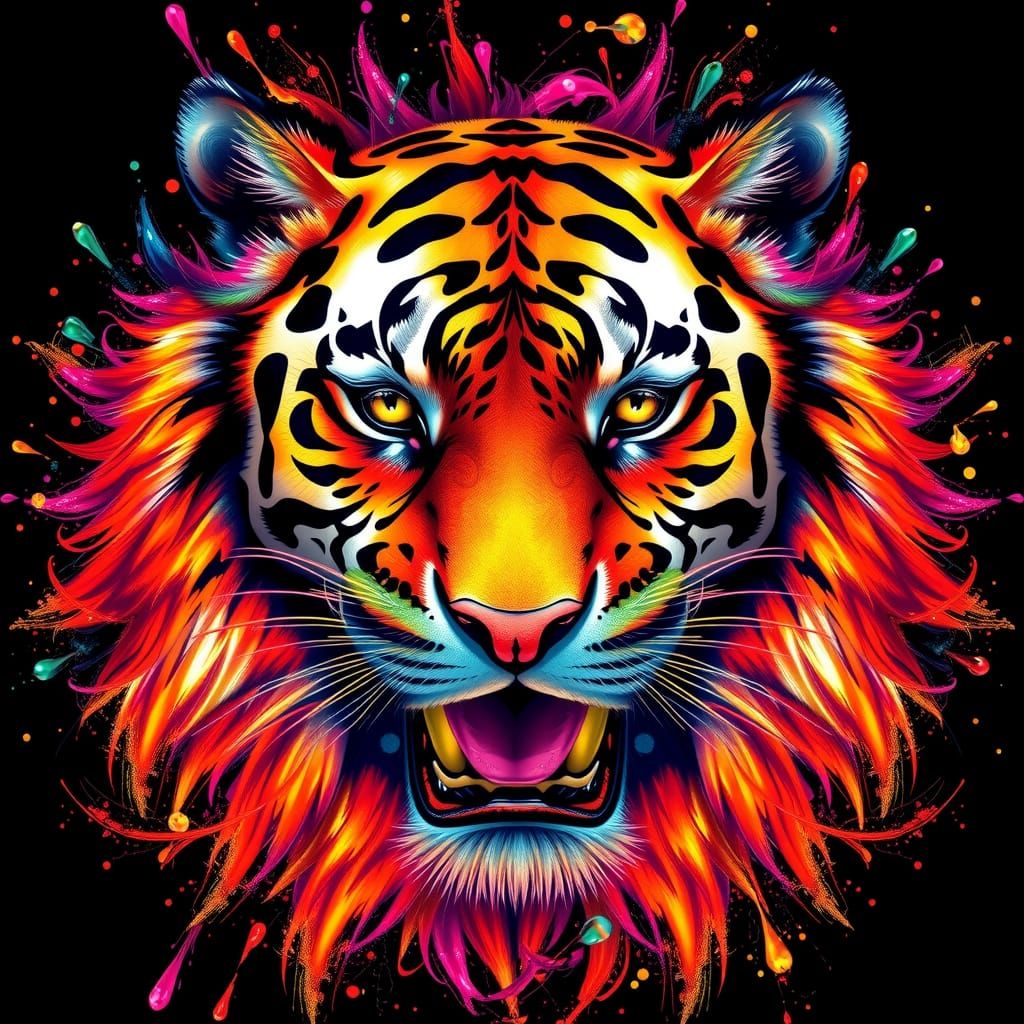 Electrifying Tiger Face in Vibrant Splash Art