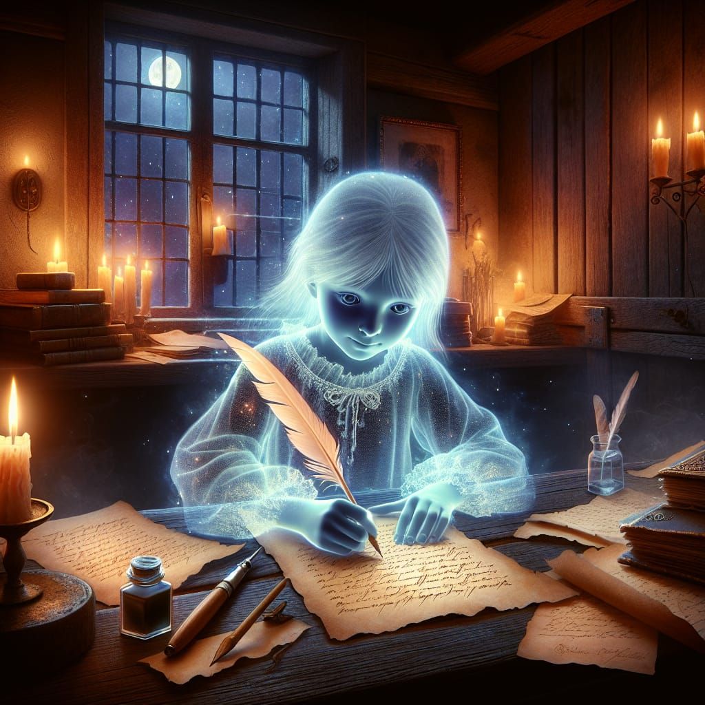 Ghost Girl Writes by Moonlight in Digital Art
