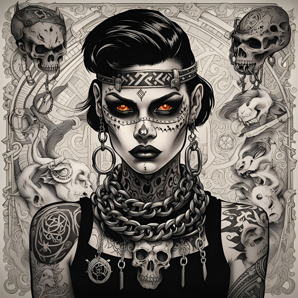 Gothic Punk Woman with Flame in Retro Style