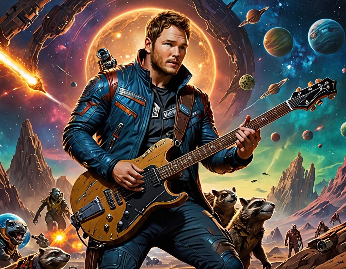 Starlord Plays Electric Guitar in Space Scene