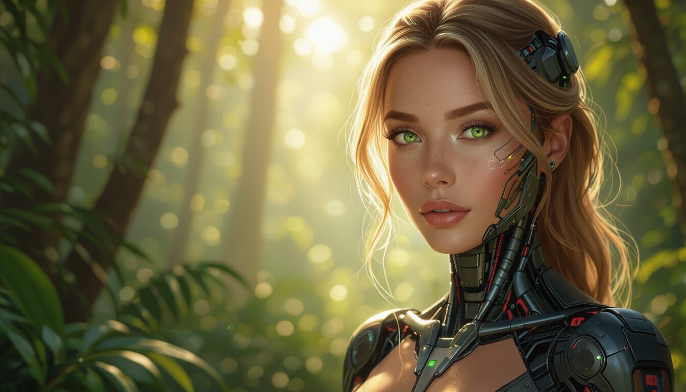 Cybernetic Woman in Forest, Biomechanical & Epic Landscape S...