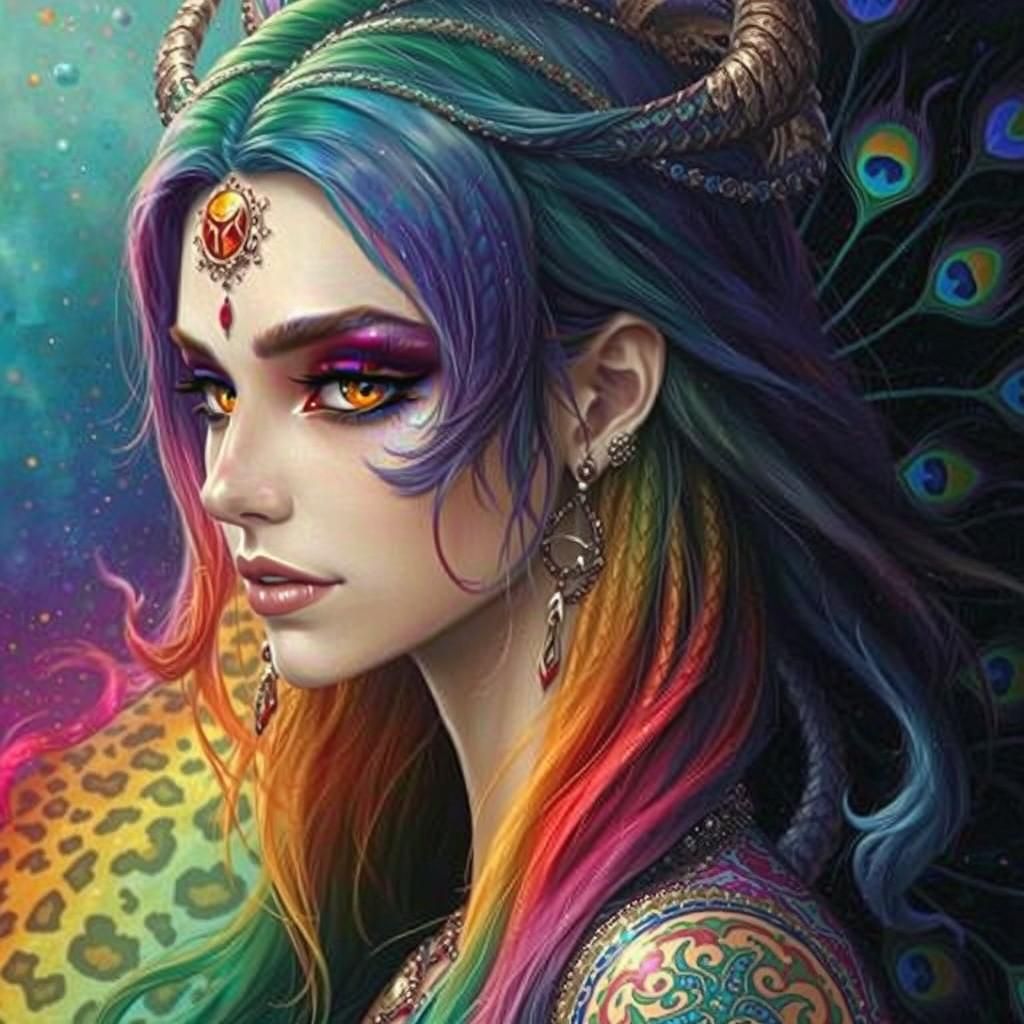 Rainbow Dragon Woman with Peacock Hair, Dark Fantasy Art