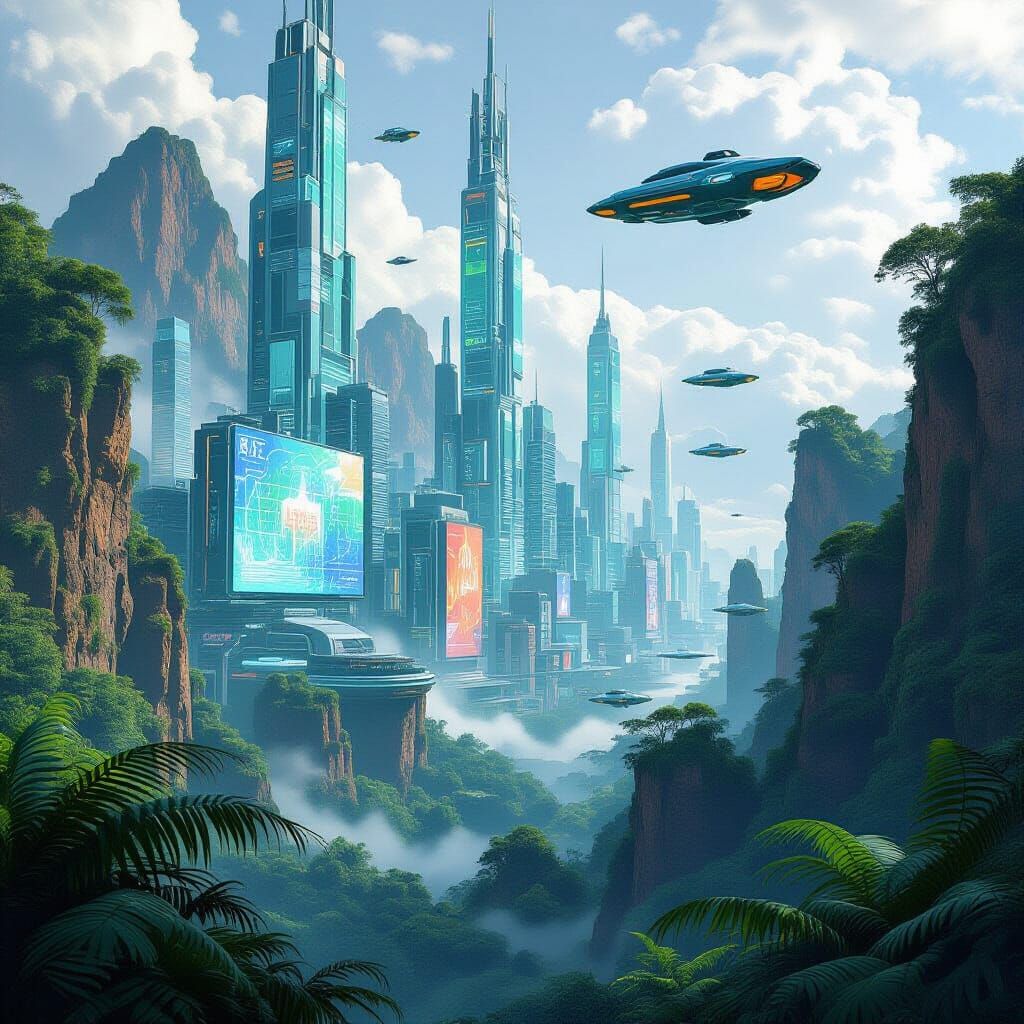 Futuristic City in Jurassic Ruins: Cyberpunk Art Deco