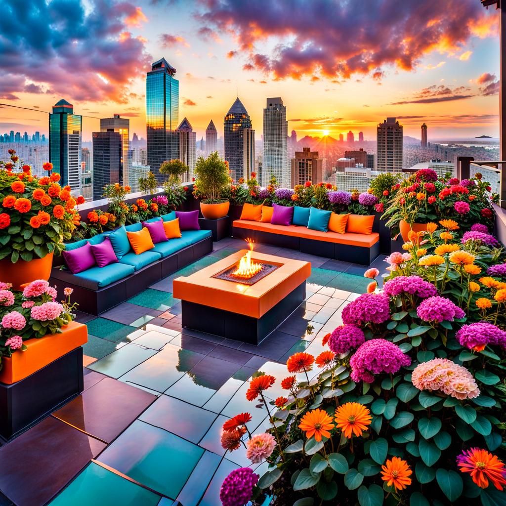 Spectacular Rooftop Garden at Sunset: Watercolor Art