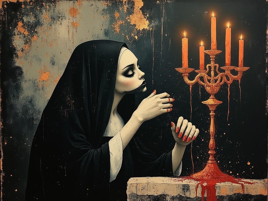 Sinister Possessed Nun with Candelabra in Horrorcore Style