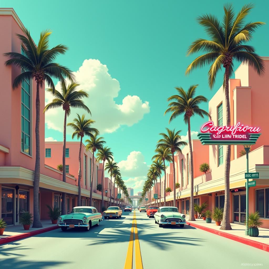 Florida Coastal City Street in Retrofuturism Style