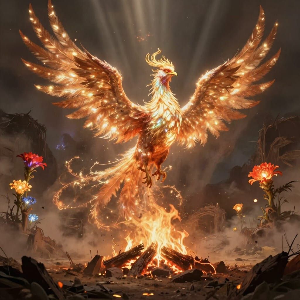 Majestic Phoenix Rises from Embers in Fantasy Art