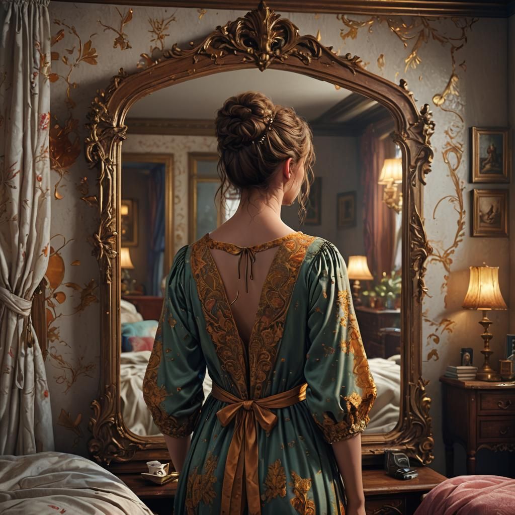 Woman in Amber Light Reflection, Ultra Realistic