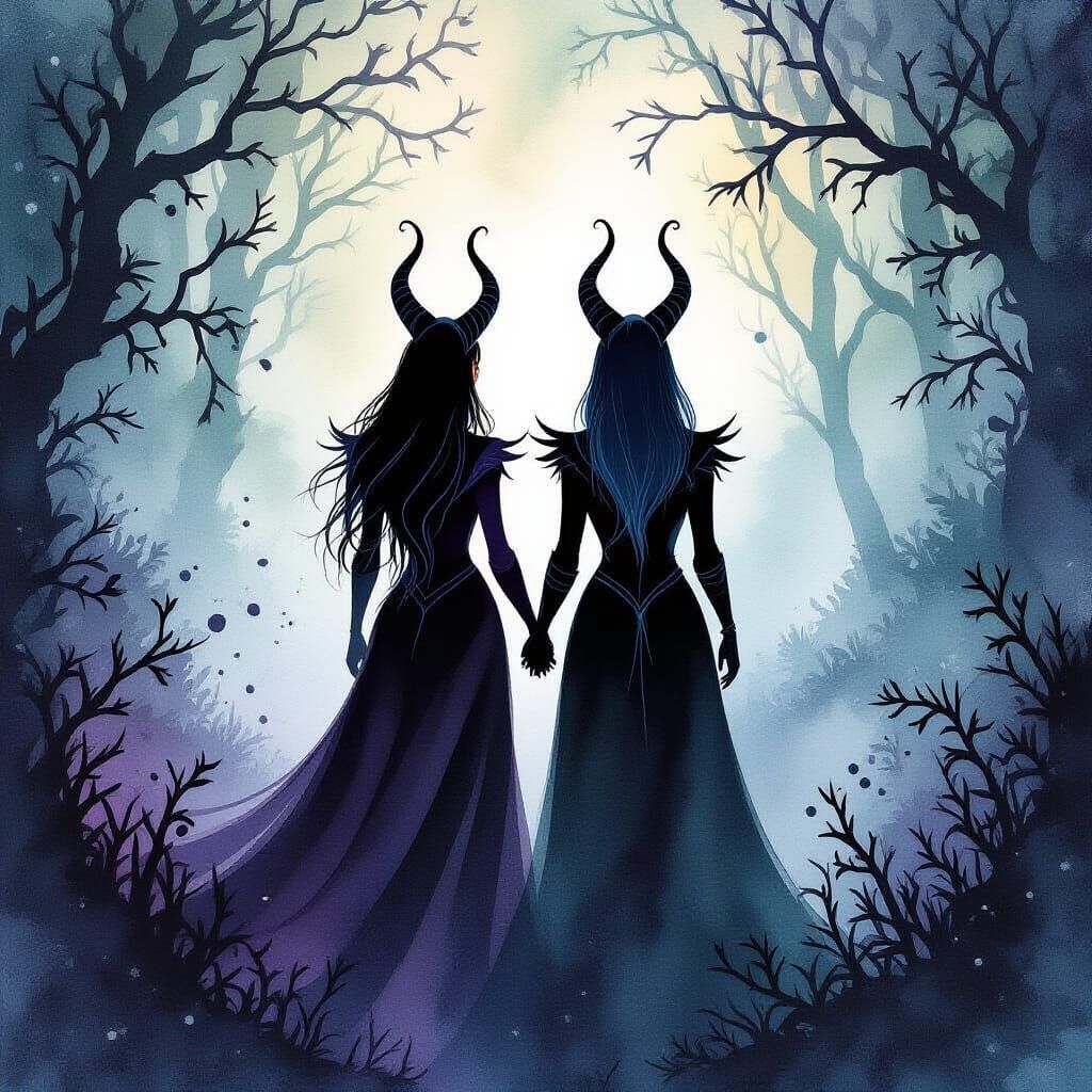 Two Maleficents in Watercolor Forest