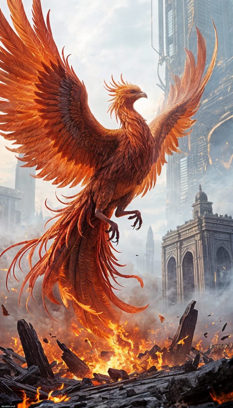 Majestic Phoenix, its feathers spread & ablaze with fiery re...
