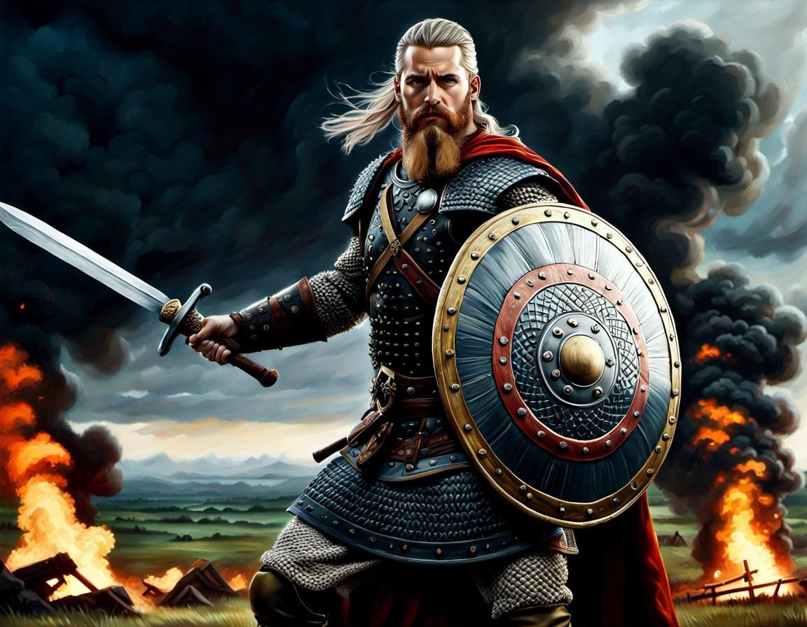 Viking Warrior with Shield on Battlefield, as Oil Painting