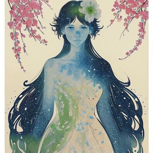 Princess Silhouette with Flowers in Pointillist Style