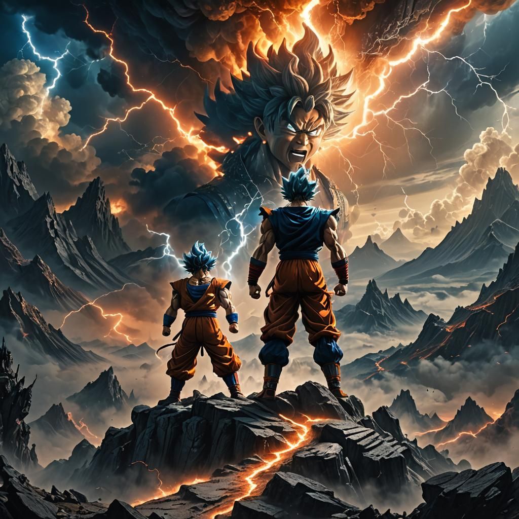 Goku Victorious on Mountain Peak: Digital Matte Painting