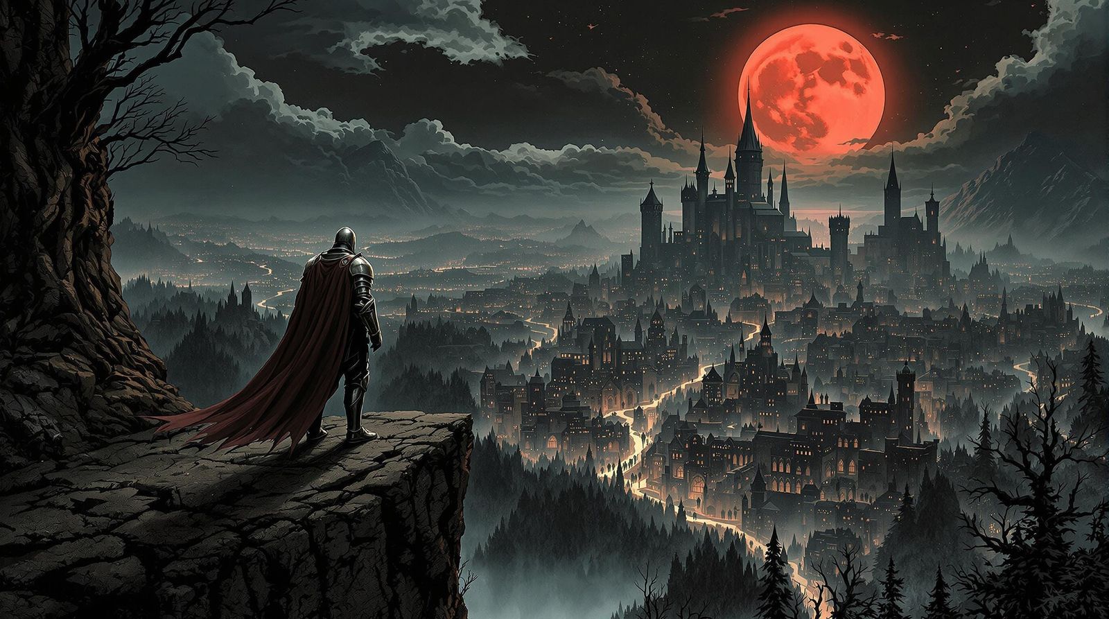 Knight Overlooking Haunted Kingdom under Blood Moon