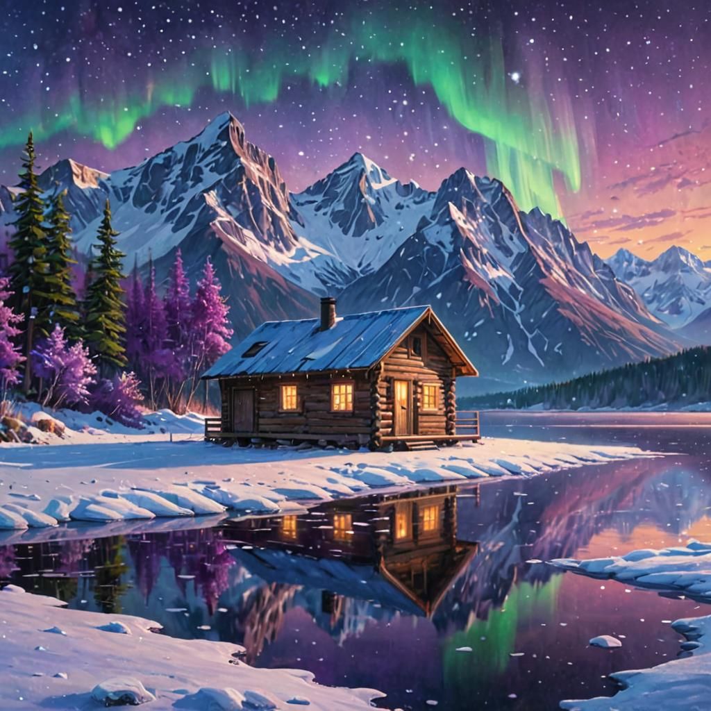 Cozy Cabin Under Northern Lights in Digital Painting Style