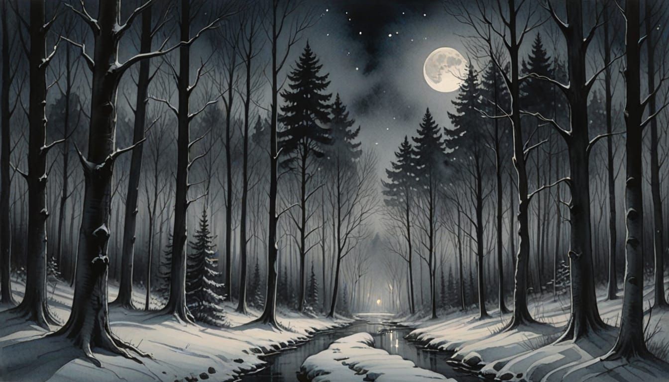 Mystical Winter Forest Under Full Moon Charcoal Drawing