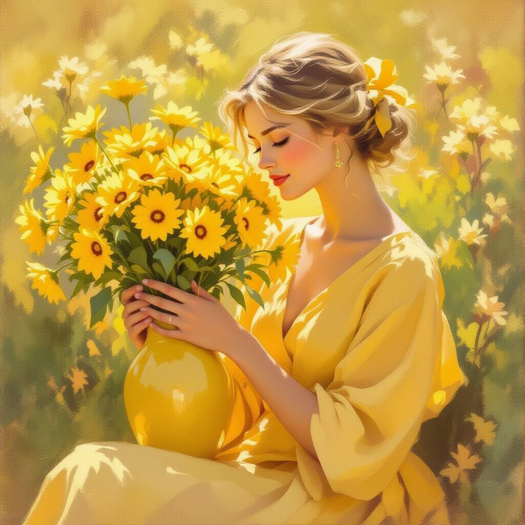 Serene Woman Holds Yellow Vase with Flowers in Impressionist...