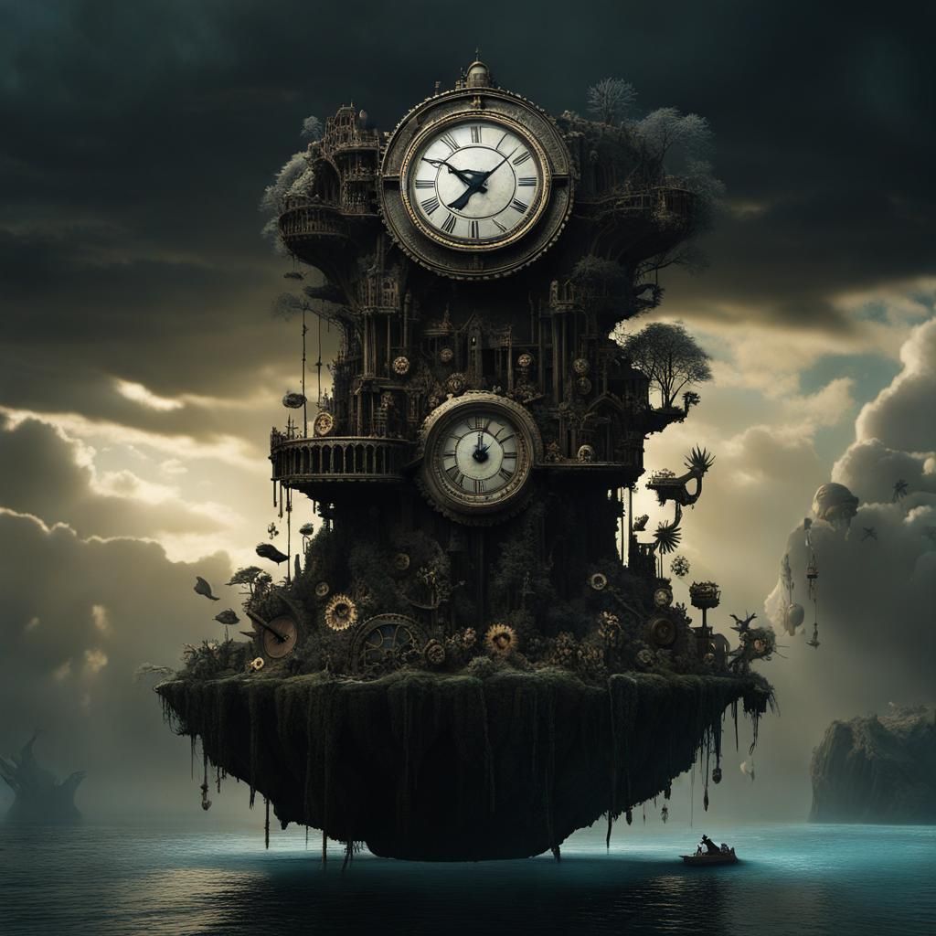 a floating island with giant clock. I